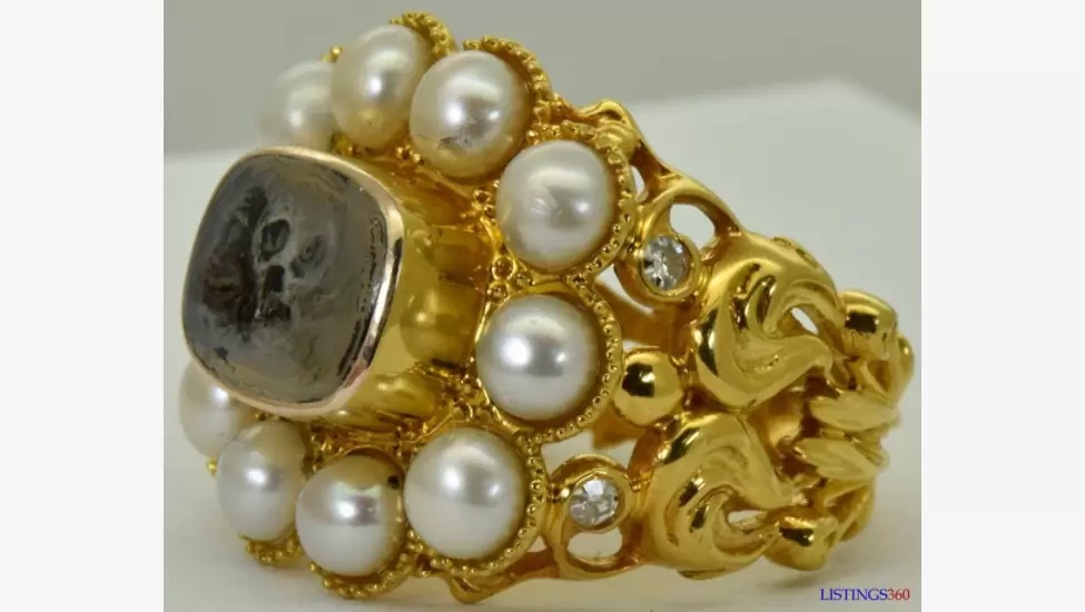1,350 F Gold Victorian Memento Mori Skull Beaded Ring